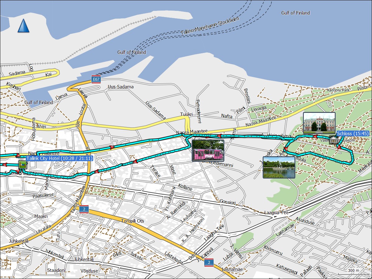 wegstrecke tramfahrt und fussmarsch zum kadrioru park und zurueck zur altstadt von tallinn