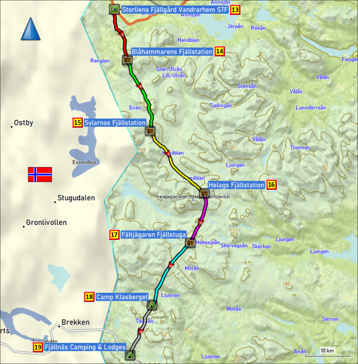 zurueckgelegte wegstrecken auf dem kungsleden zwischen kvikkjokk und jaeckvik mit tageszielen