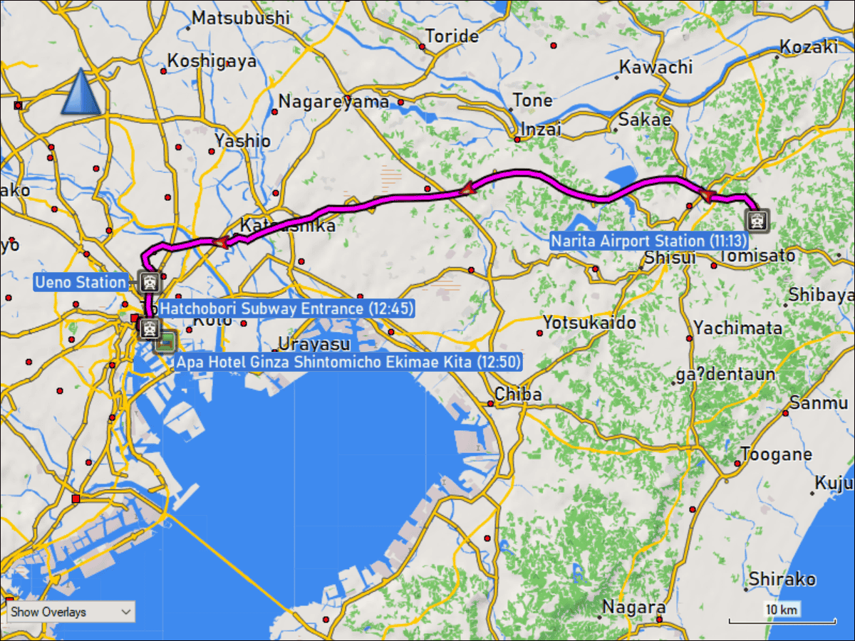 wegstrecke der zugfahrt mit dem skyliner vom narita airport zur ueno station sowie der fahrt mit der metro von der ueno station zur hatchobori metrostation
