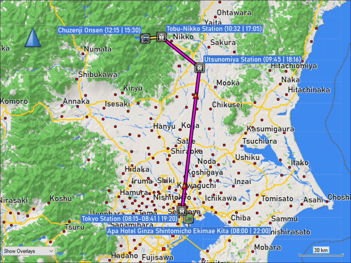 wegstrecke der fahrt mit dem zug von tokyo via utsunomiya nach tobu-nikko und wieder zurueck sowie wegstrecke der fahrt mit dem bus von tobu-nikko nach chunzenji und wieder zurueck