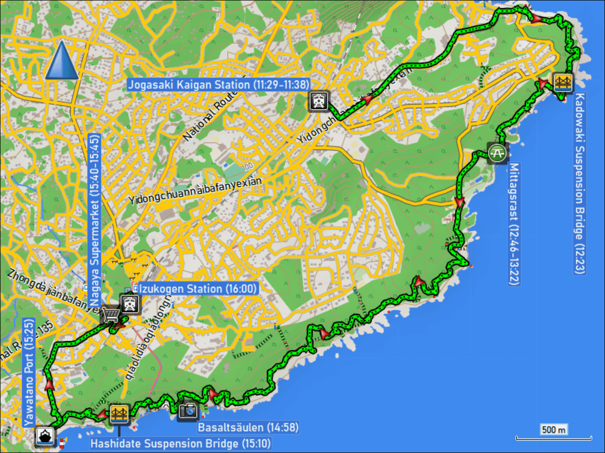 wegstrecke der wanderung ueber den jogasaki coastal trail vom bahnhof jogasaki kaigan zum bahnhof izukogen