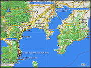 karte der fahrt mit dem zug vom hauptbahnhof tokyo via atami zum bahnhof jogasaki kaigan sowie der fahrt mit dem zug vom bahnhof izukogen via atami zum hauptbahnhof tokyo plus karte der wanderung ueber den jogasaki coastal trail vom bahnhof jogasaki kaigan zum bahnhof izukogen
