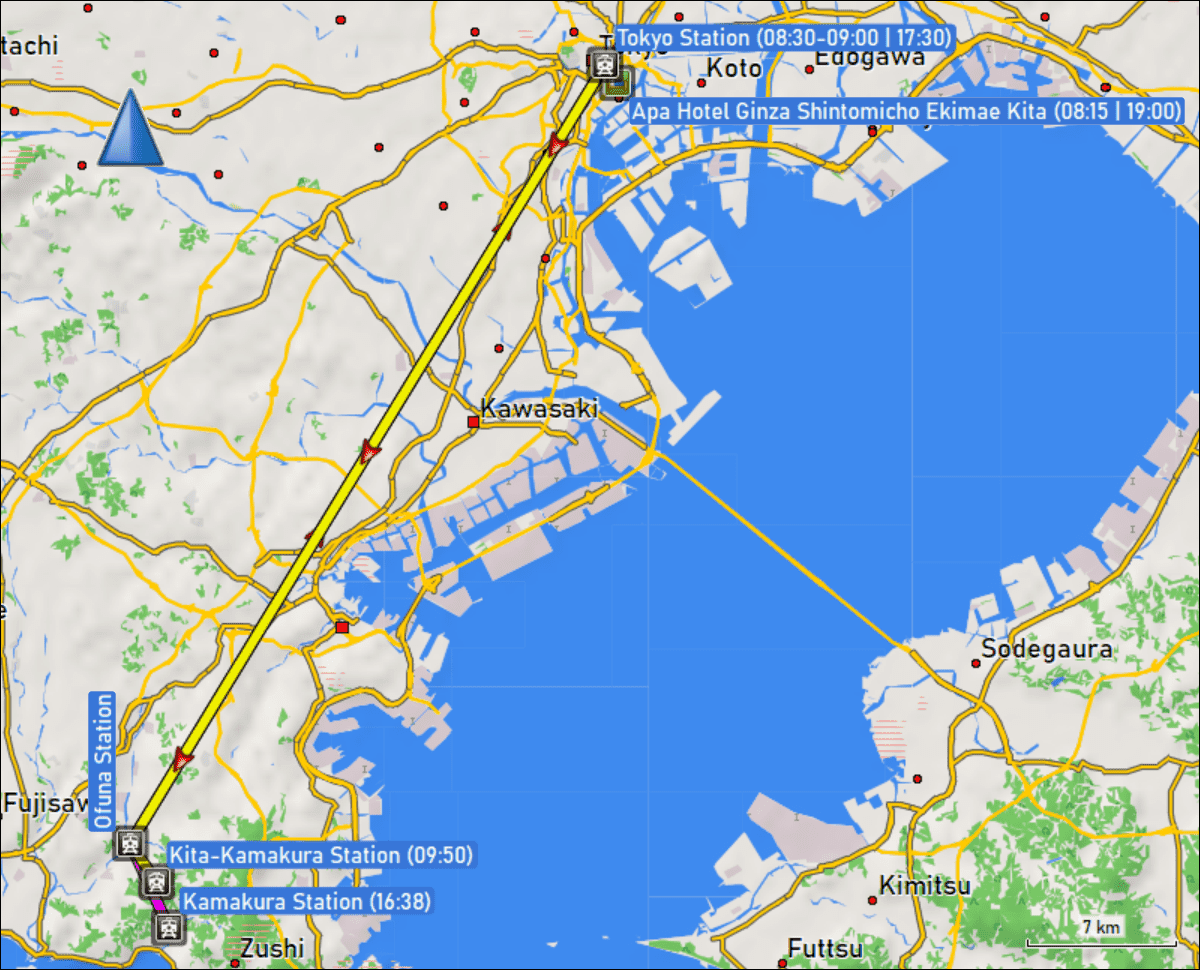 wegstrecke der fahrt mit dem zug vom hauptbahnhof tokyo via ofuna zum bahnhof kita kamakura sowie der fahrt mit dem zug vom bahnhof kamakura via ofuna zum hauptbahnhof tokyo