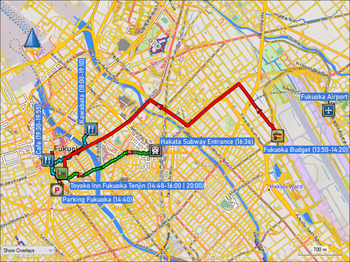wegstrecke der fahrt vom budget autoverleih zum parkplatz nahe des hotel toyoko inn fukuoka tenjin sowie der fussmaersche in fukuoka