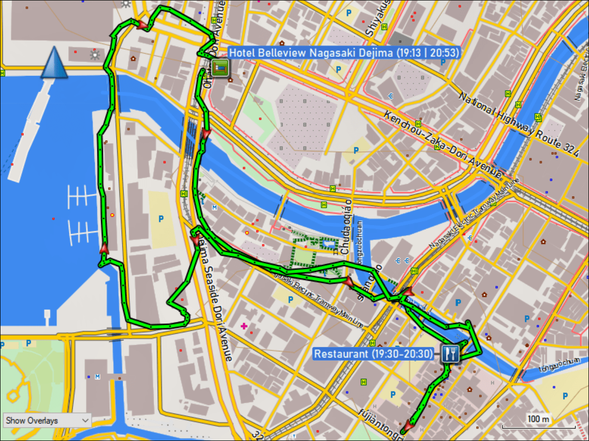 wegstrecke des fussmarsches vom hotel belleview nagasaki dejima zum restaurant in china town und zurueck