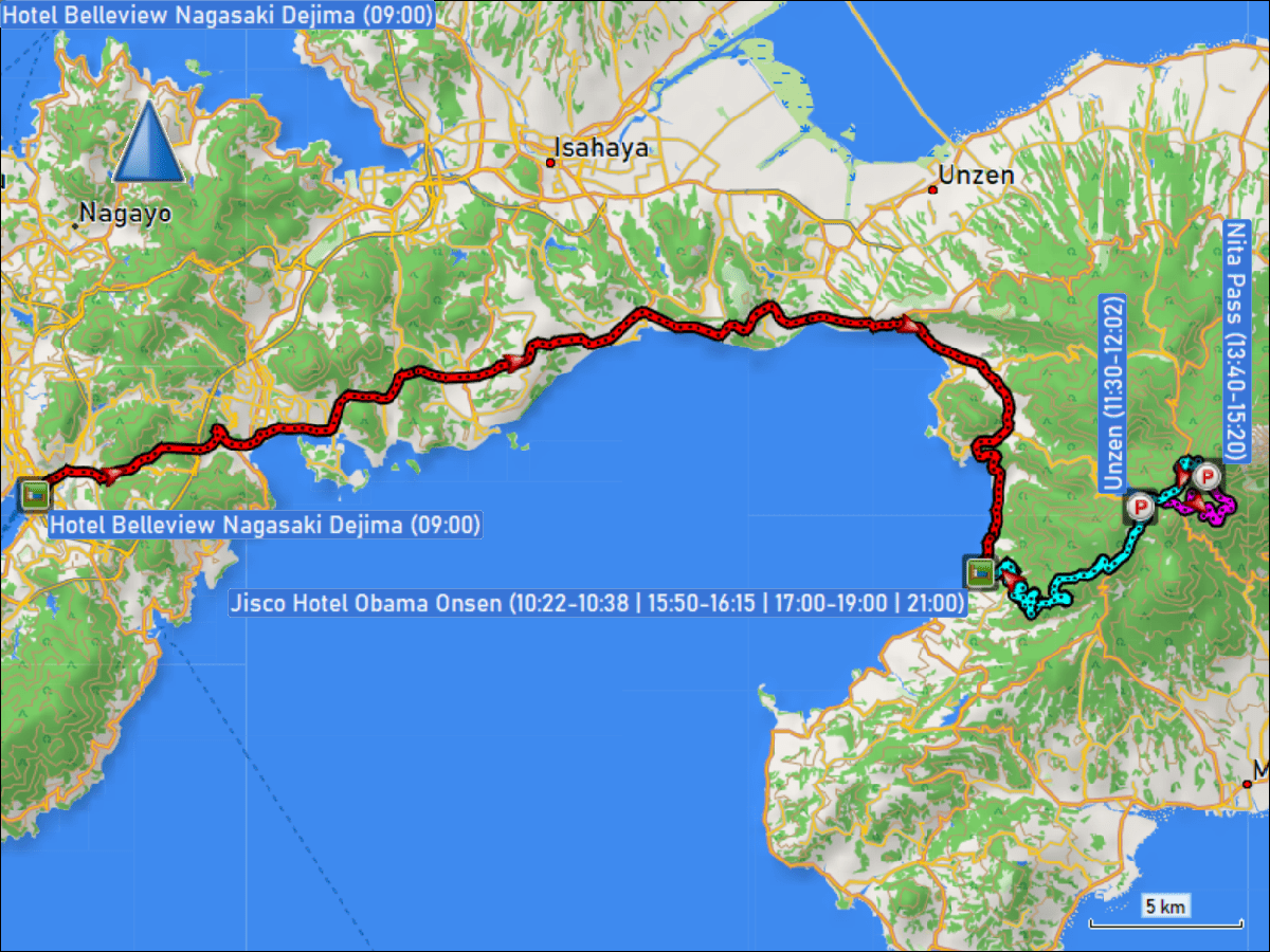 wegstrecke der fahrt von nagasaki nach obama und zum nita pass und zurueck