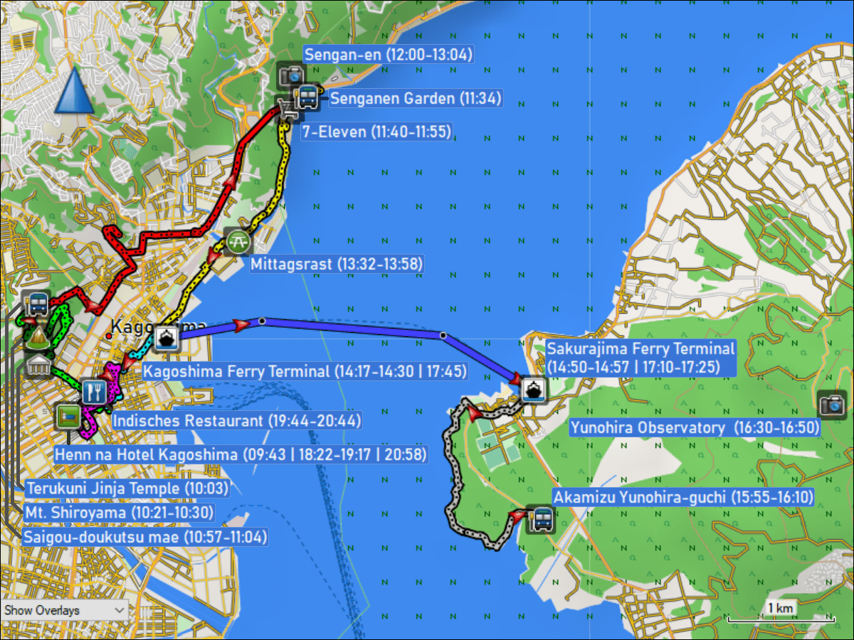 wegstrecke der fussmaersche, der busfahrt und der ueberfahrten mit der faehre in und um kagoshima