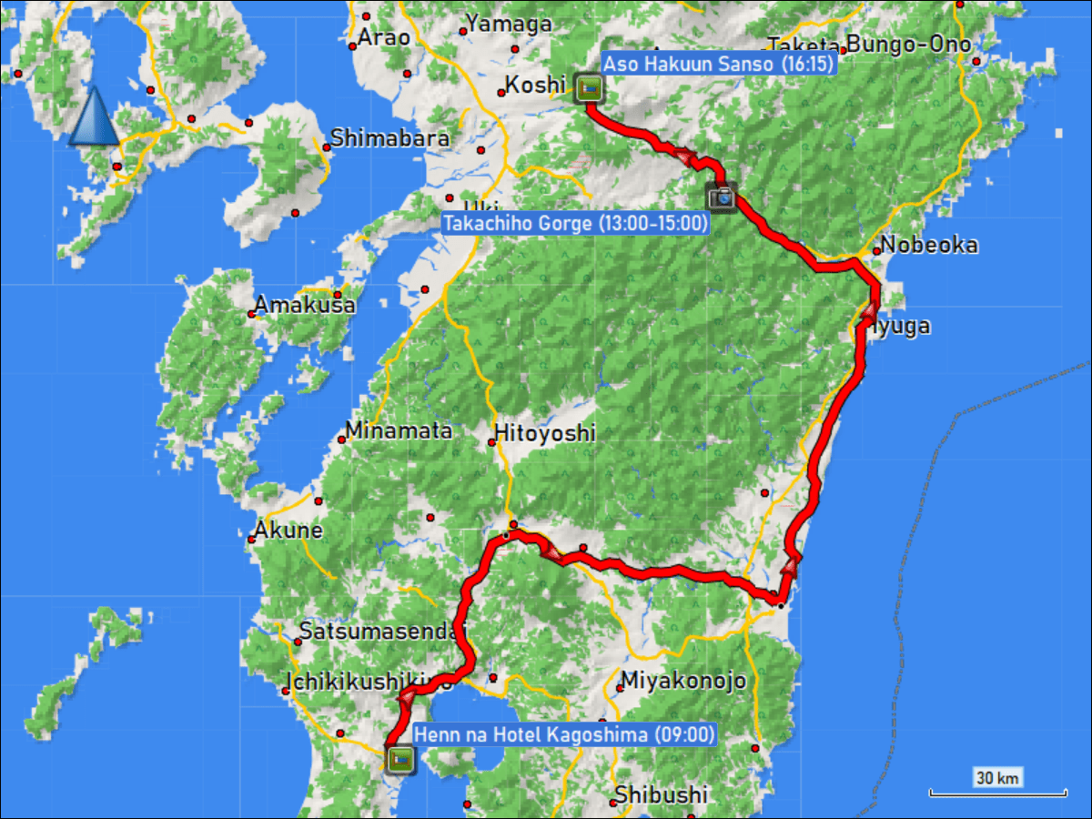 wegstrecke der fahrt vom henn na hotel kagoshima via takachiho schlucht zum hotel aso hakuun sanso