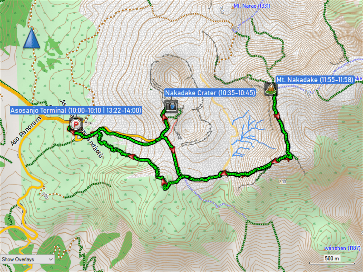 wegstrecke der wanderung vom asosanjo terminal via nakadake krater zum mount nakadake und zurueck zum asosanjo terminal