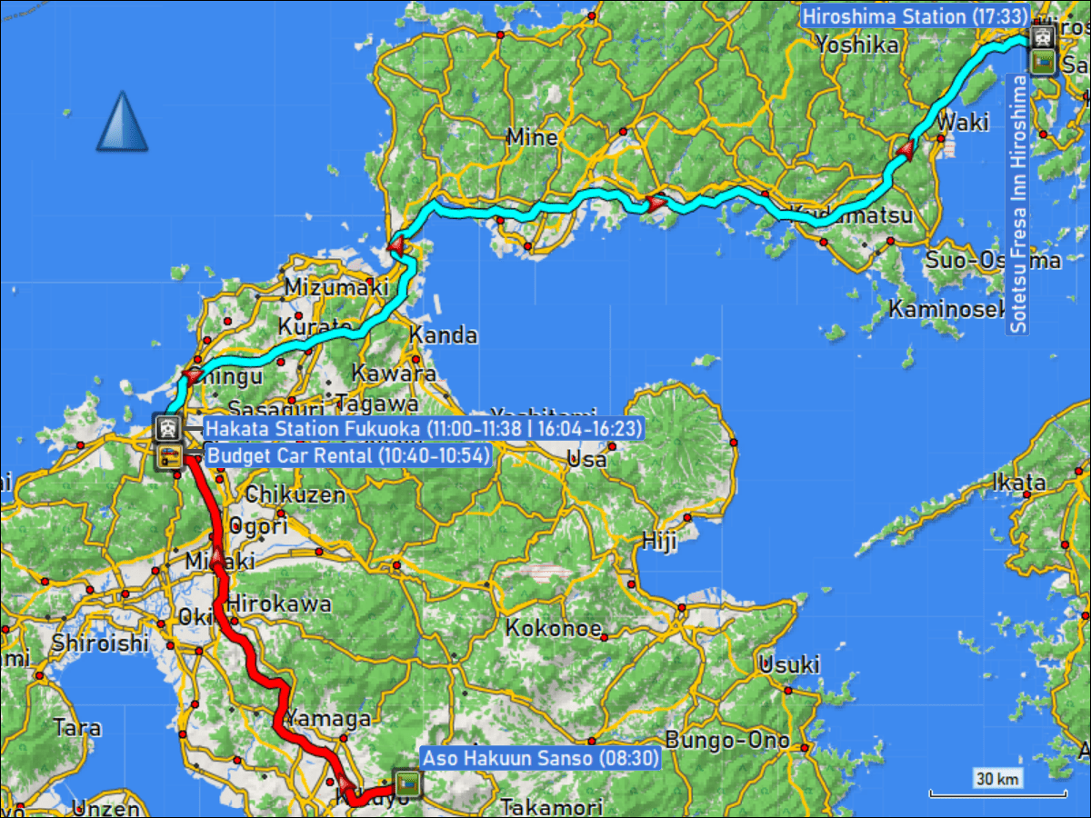 wegstrecke der fahrt vom hotel aso hakuun sanso zur niederlassung von budget car rental in fukuoka sowie der fahrt mit dem shinkansen vom bahnhof hakata in fukuoka zum bahnhof von hiroshima
