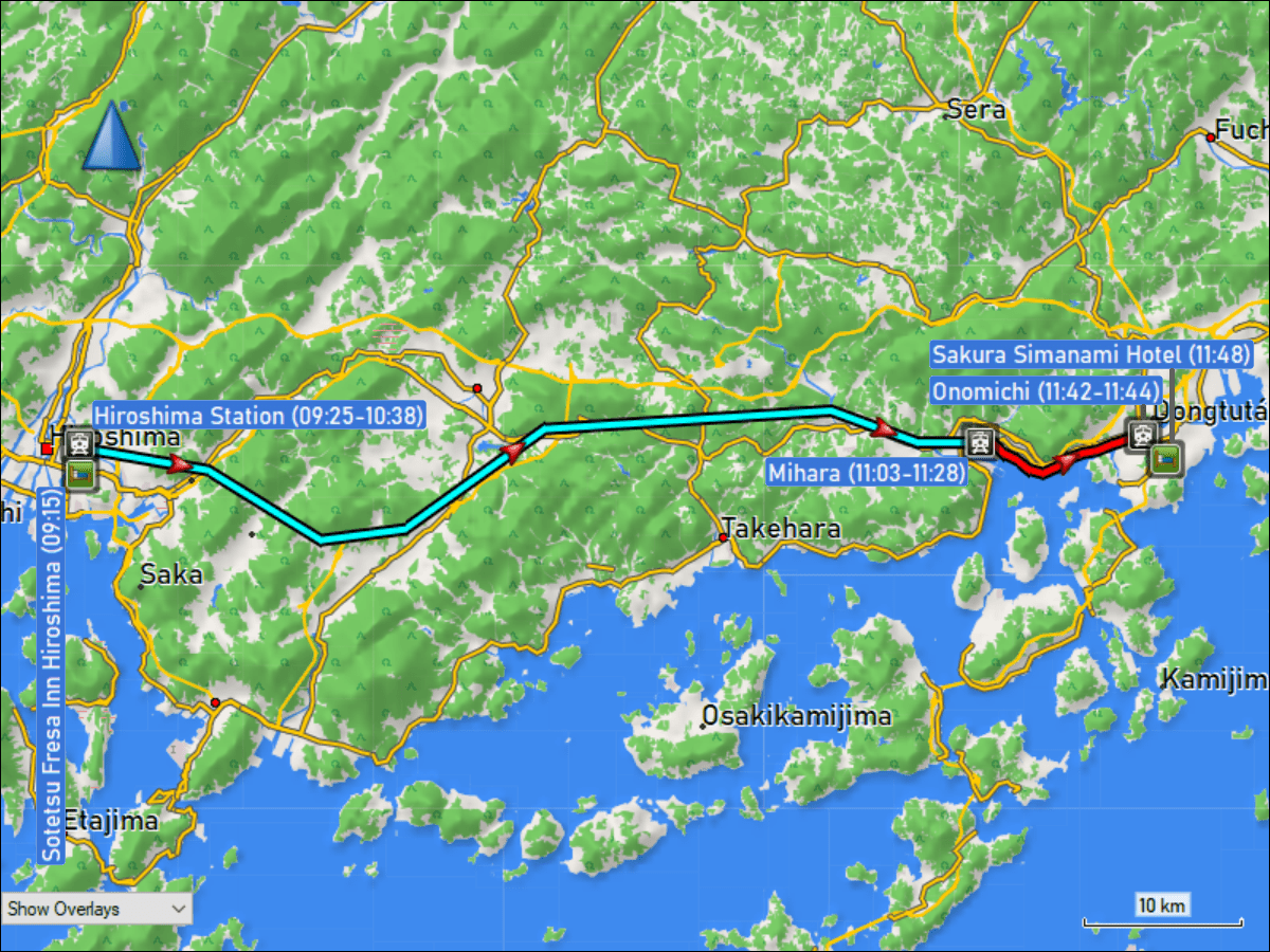 wegstrecke der zugfahrt von hiroshima via mihara nach onomichi