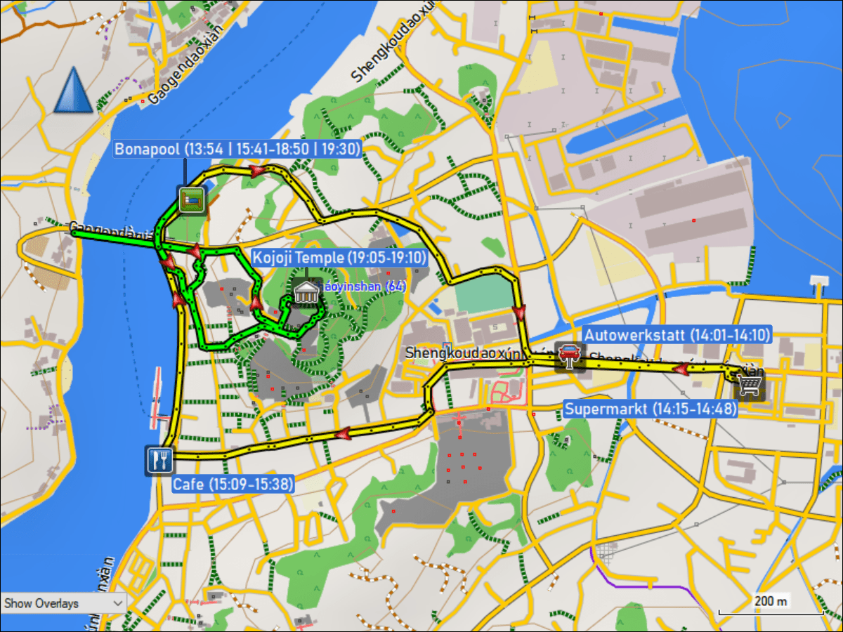 wegstrecke der fahrt mit den raedern vom hotel bonapool zum supermarkt und via cafe am setodasuido zurueck zum hotel plus abendspaziergang vom hotel bonapool zum kojoji tempel und via die bruecke ber den setodasuido zurueck zum hotel