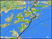 karte der fahrt mit dem fahrrad vom hotel route inn zum hafen in imabari, der ueberfahrt mit dem schiff von imabari nach habu, der radtour von habu zum tomihama pier und der ueberfahrt mit der faehre ueber den onomichi-suido
