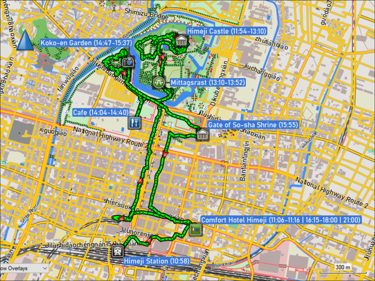 wegstrecke des fussmarsches in himeji vom bahnhof via comfort hotel zum schloss, zum cafe, zum koko-en garten und zurueck zum hotel