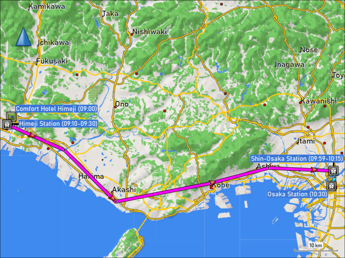 wegstrecke der fahrt mit dem shinkansen von himeji nach shin-osaka und dem lokalzug von shin-osaka zum bahnhof osaka