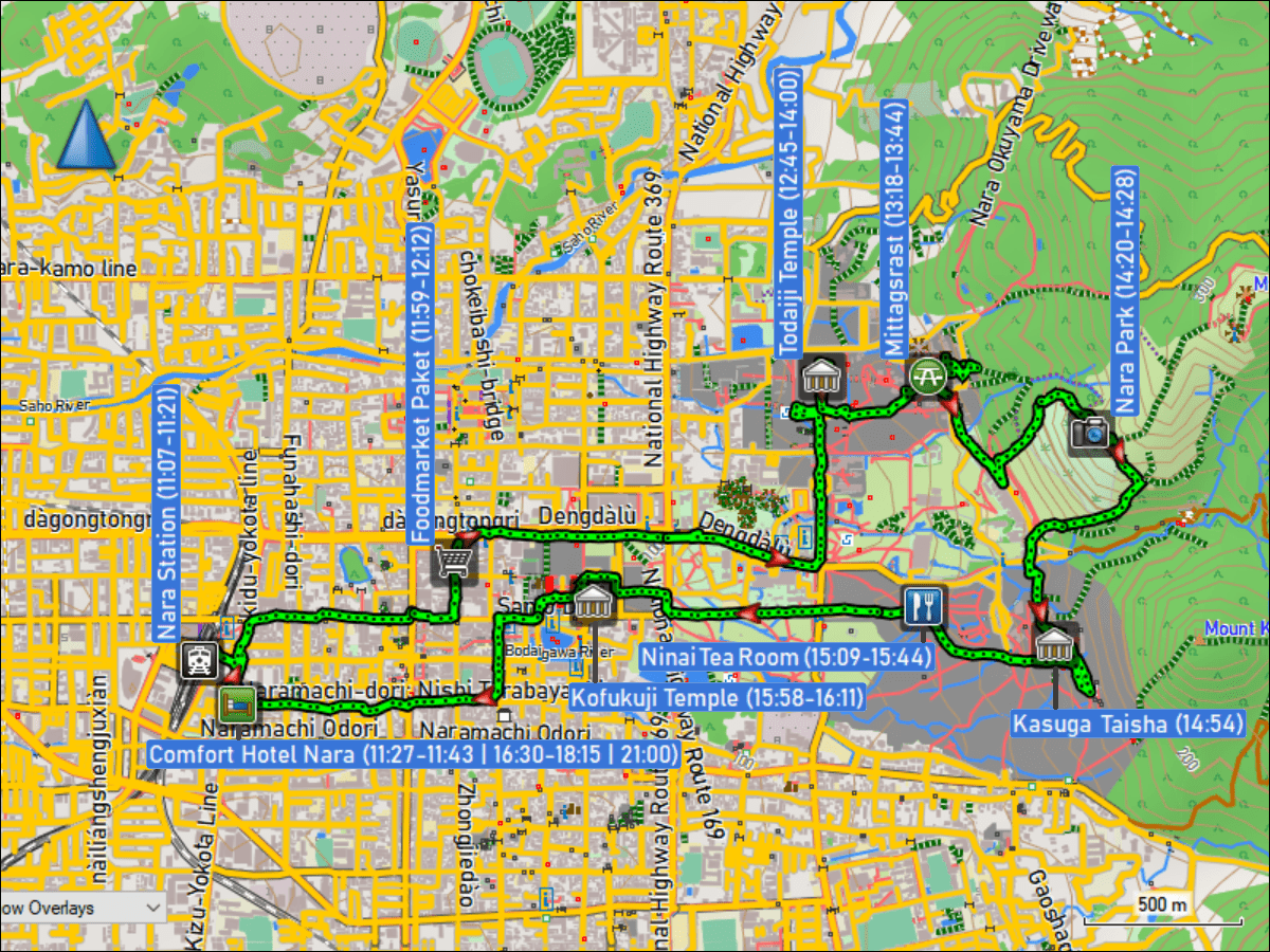 wegstrecke des fussmarsches vom bahnhof nara via comfort hotel, todaji tempel, nara park und kofukuji tempel zurueck zum hotel