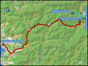 karte der fussmaersche in tanabe, karte der fahrt mit dem bus vom bahnhof kii-tanabe via hongu taisha-mae zur bushaltestelle hosshinmon-oji und von der bushaltestelle yunomine onsen zum bahnhof kii-tanabe sowie karte und hoehenprofil der wanderung ueber den kumano kodo von der bushaltestelle hosshinmon-oji via hongu zur bushaltestelle beim yunomine onsen