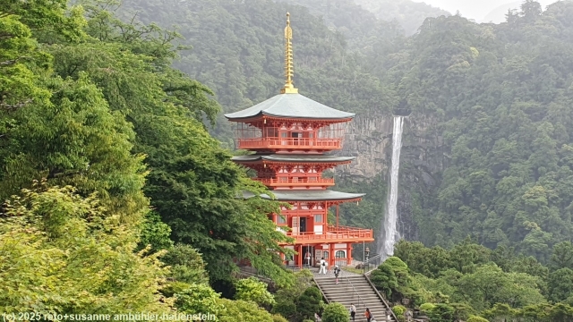pagode des seigantoji bei nachisan mit nachi wasserfall im hintergrund