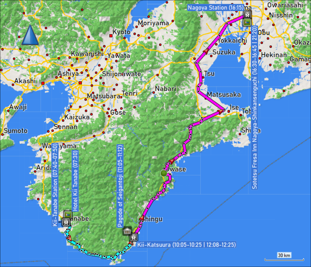 wegstrecke der fahrt mit dem regionalzug vom bahnhof kii-tanabe zum bahnhof kii-katsuura, fahrt mit dem bus vom bahnhof kii-katsuura zur pagoda of seigantoji bei nachisan und zurueck sowie fahrt mit dem limited express vom bahnhof kii-katsuura zum bahnhof 