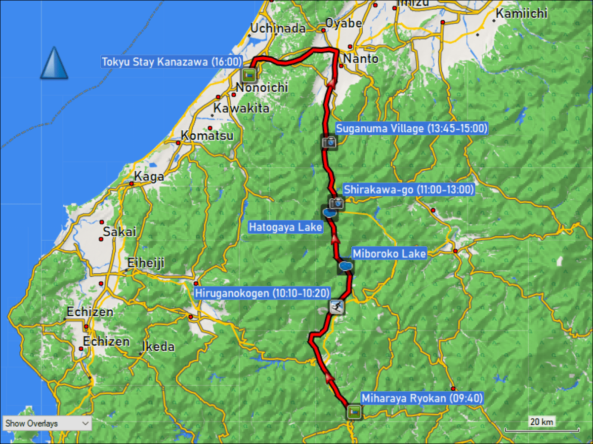 wegstrecke der fahrt vom miharaya ryokan in gujo hachiman via ogimachi village und suganuma village zum hotel tokyu stay kanazawa