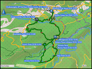 karte und hoehenprofil rundwanderung bei norikura sowie karte und hoehenprofile der fahrt vom raicho onsen inn bei norikura zum sanbondaki resthouse und zurueck sowie der kurzwanderung vom sanbondaki resthouse zu den sanbondaki falls und zurueck