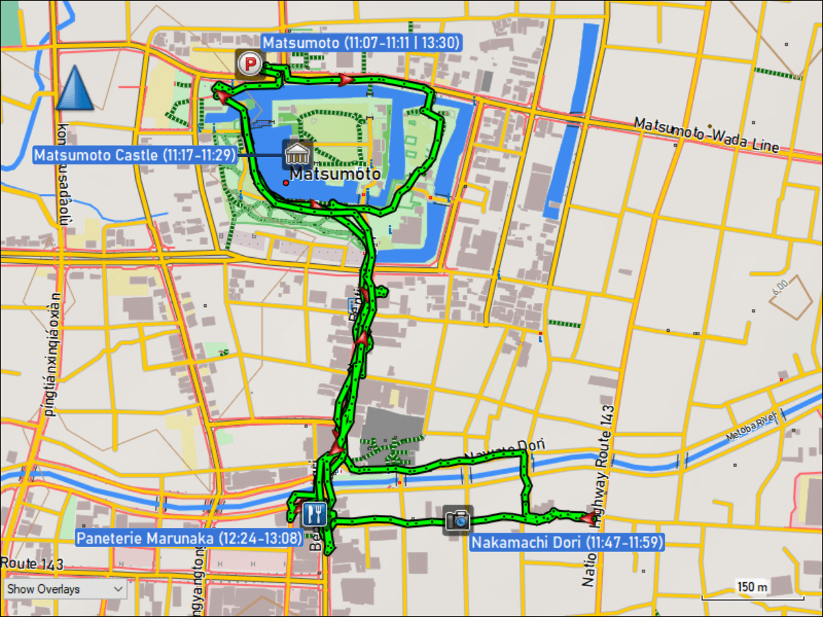 wegstrecke des stadtrundgangs in matsumoto