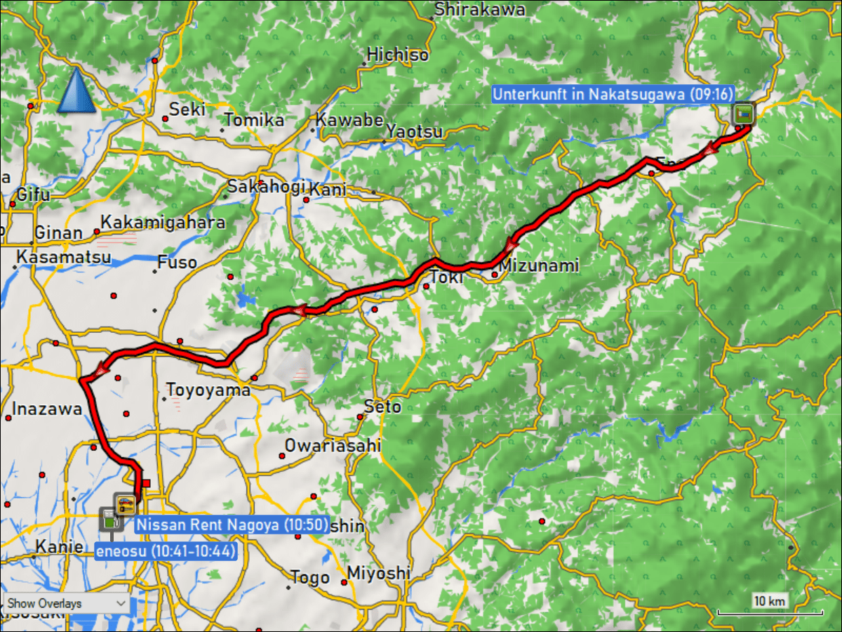 wegstrecke der fahrt von nakatsugawa nach nagoya