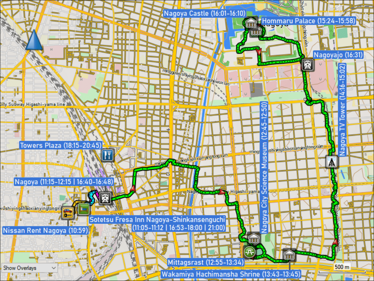 wegstrecke des stadtrundganges vom bahnhof via nagoya city science museum, nagoya TV tower, honmaru palast und schloss zur metrostation nagoyajo plus weiterer kurzer fussmaersche