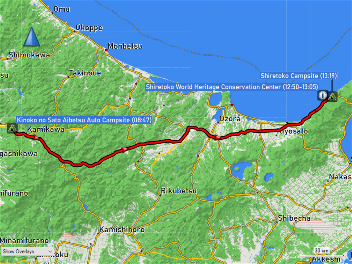 wegstrecke der fahrt vom kinoko no sato aibetsu auto campsite via shiretoko world heritage conservation center zum shiretoko campsite bei utoro