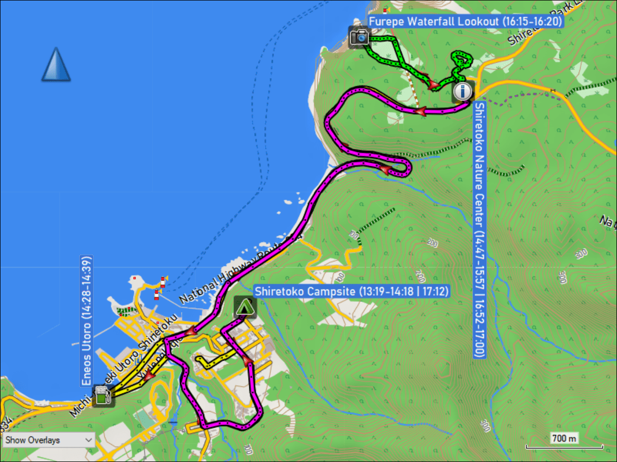 wegstrecke der fahrt vom shiretoko campsite bei utoro zum shiretoko nature center und zurueck sowie kurzwanderung vom nature center zum furepe waterfall lookout und zurueck