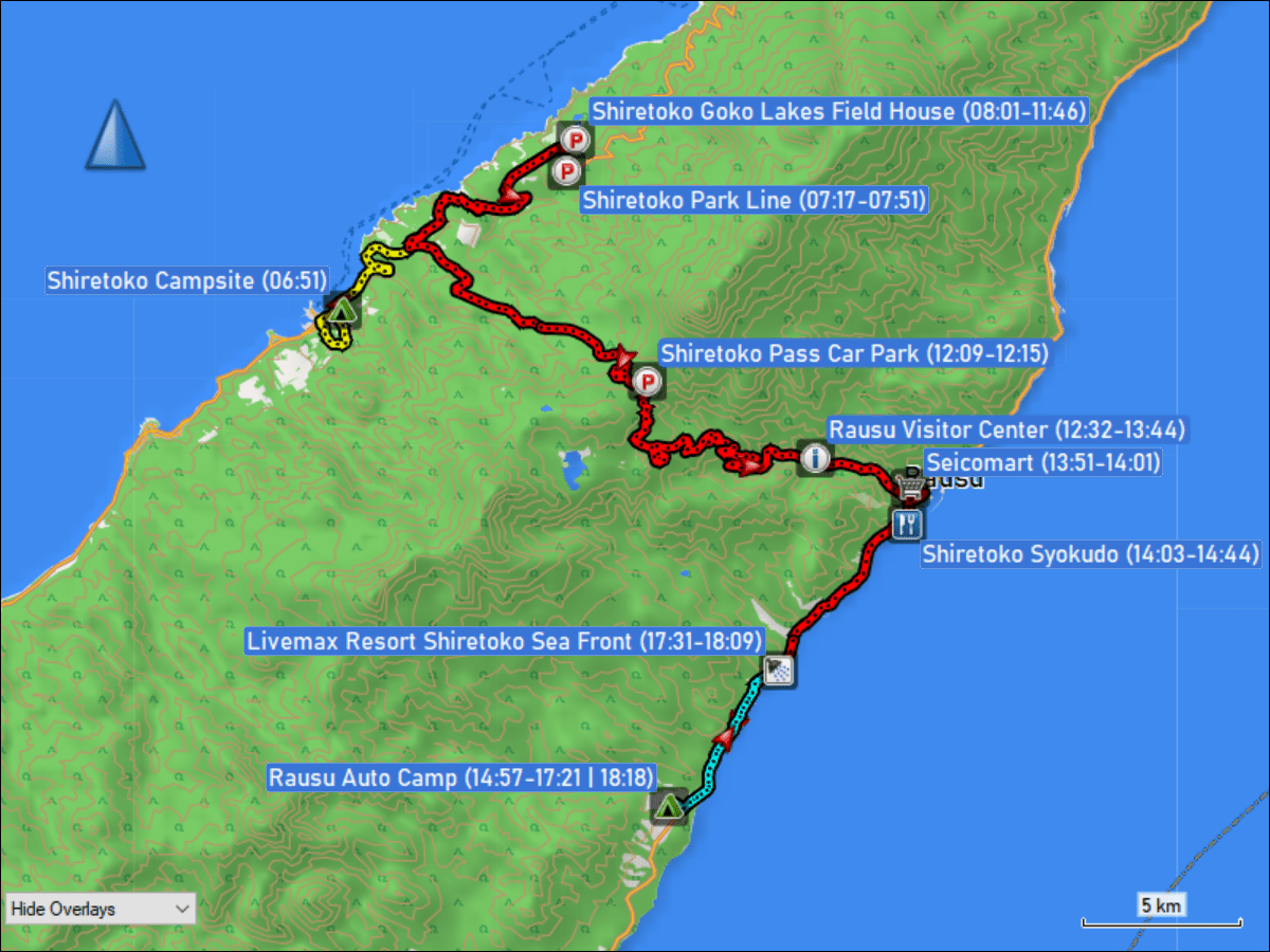 wegstrecke der fahrt vom shiretoko campsite bei utoro via shiretoko goko lakes field house, shiretoko pass, rausu visitor center und rausu zum rausu auto camp sowie der fahrt vom rausu auto camp zum onsen livemax resort shiretoko sea front und zurueck