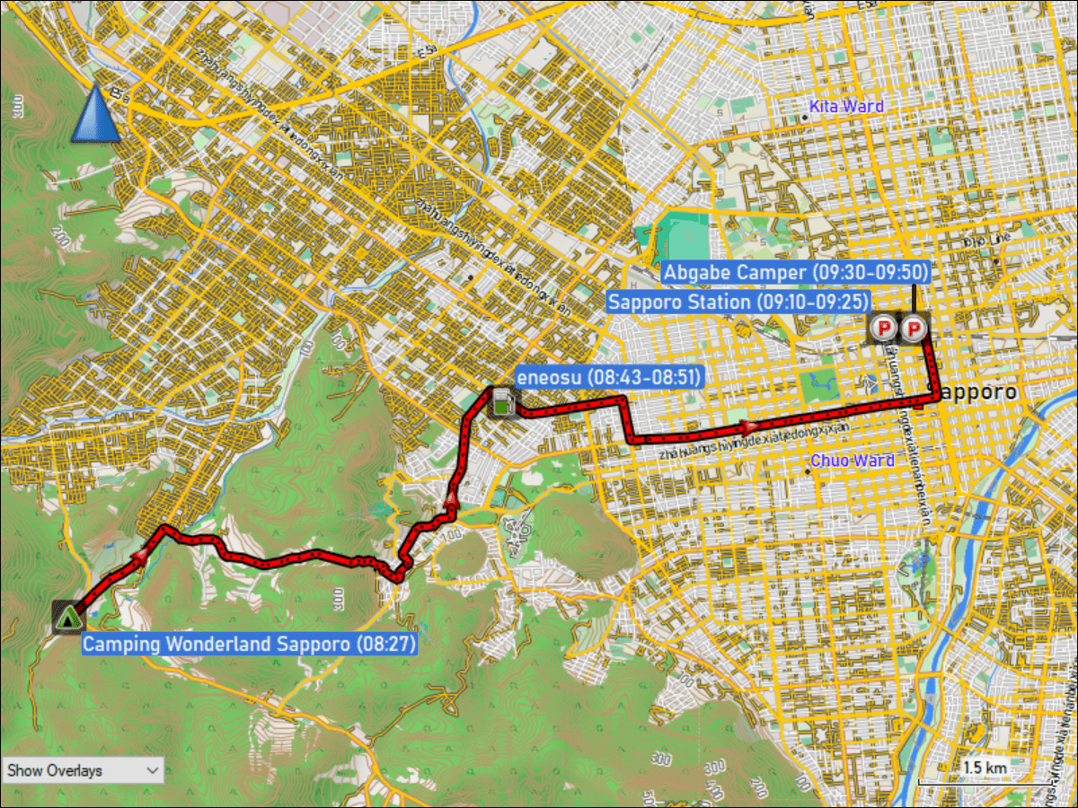 wegstrecke der fahrt vom campingplatz wonderland via tankstelle und bahnhof sapporo zum treffpunkt der abgabe des campers