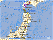 karte der fahrt vom campingplatz wonderland via tankstelle und bahnhof sapporo zum treffpunkt der abgabe des campers sowie karte der fahrt mit dem limited express HOKUTO 10 vom bahnhof sapporo zum bahnhof shin-hakodate-hokuto und dem shinkansen HAYABUSA 30 vom bahnhof shin-hakodate-hokuto zum bahnhof in tokyo