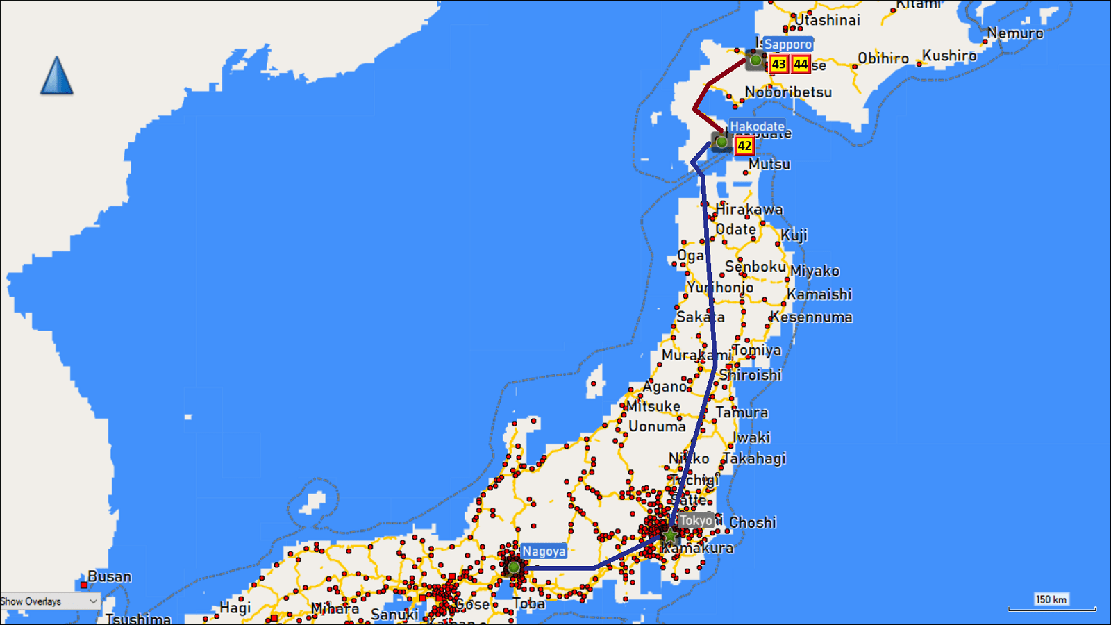 wegstrecke der zugfahrten von nagoya via tokyo nach hakodate sowie die weiterreise nach sapporo mit tageszielen