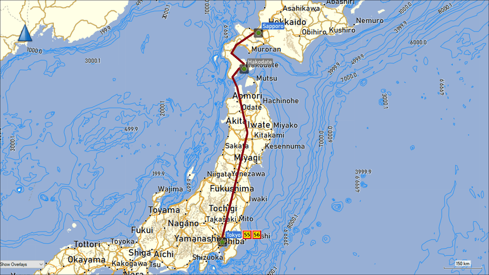zurueckgelegte wegstrecke mit zuegen von sapporo via hakodate nach tokyo mit tageszielen