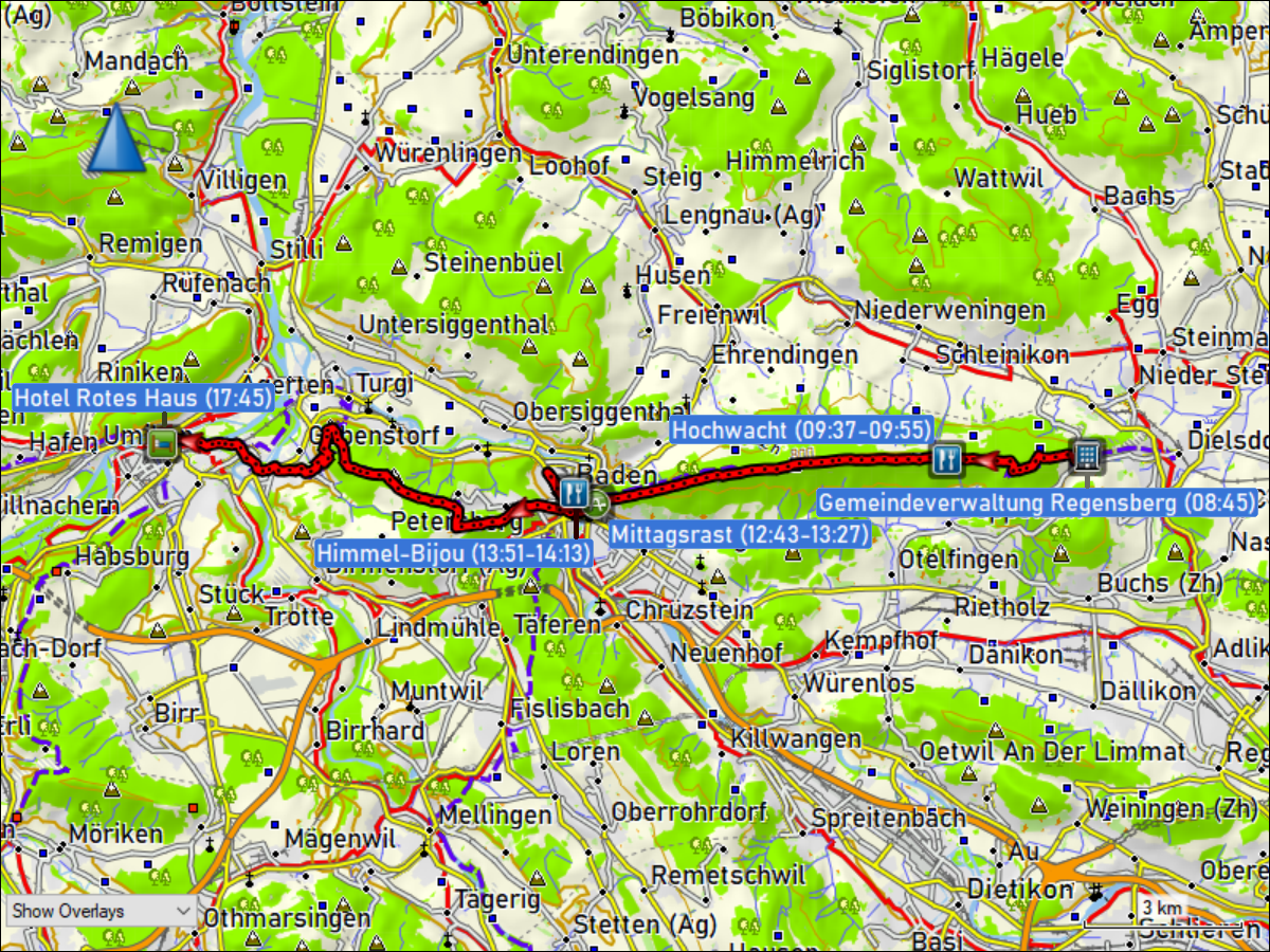 wegstrecke der wanderung von der gemeindeverwaltung regensberg, ZH zum hotel rotes aus in brugg, AG