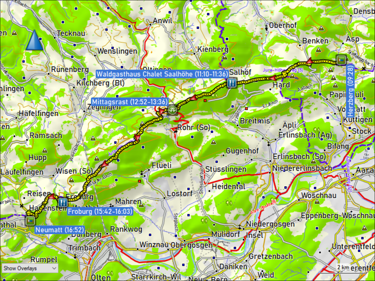 wegstrecke der wanderung vom tagungszentrum herzberg, nahe staffelegg, AG zum bauernhof neumatt in hauenstein-ifenthal, SO