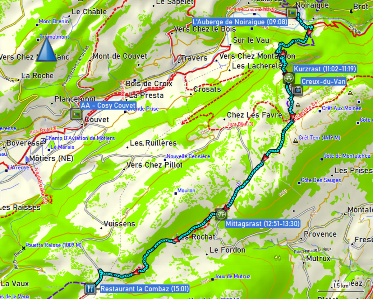 wegstrecke der wanderung von der l'auberge de noiraigue in val-de-travers, NE zur bushaltestelle la combaz, VD