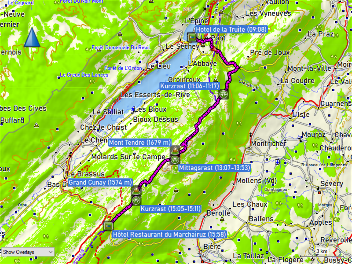 wegstrecke der wanderung vom hotel de la truite in le pont, VD zum hotel restaurant du marchairuz, VD