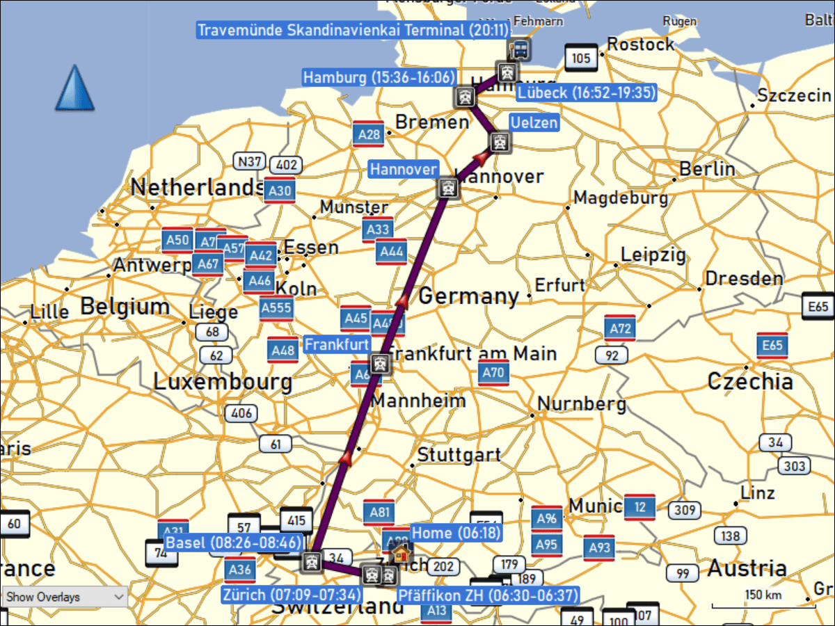 wegstrecke der reise von daheim via pfaeffikon ZH, zuerich, basel, hamburg und luebeck zum schwedenkai bei travemuende
