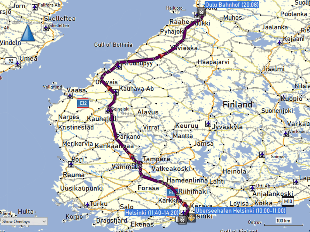 wegstrecke der fahrt mit bus und metro vom ueberseehafen helsinki zum hauptbahnhof helsinki und weiter mit dem zug nach oulu