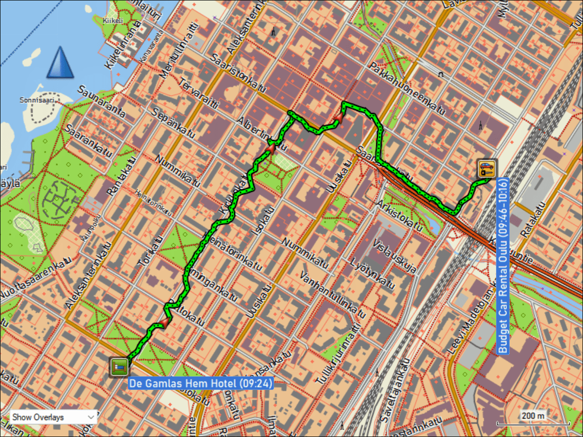 wegstrecke des fussmarsches vom "de gamlas hem hotel" zur niederlassung des autoverleih budget beim bahnhof in oulu