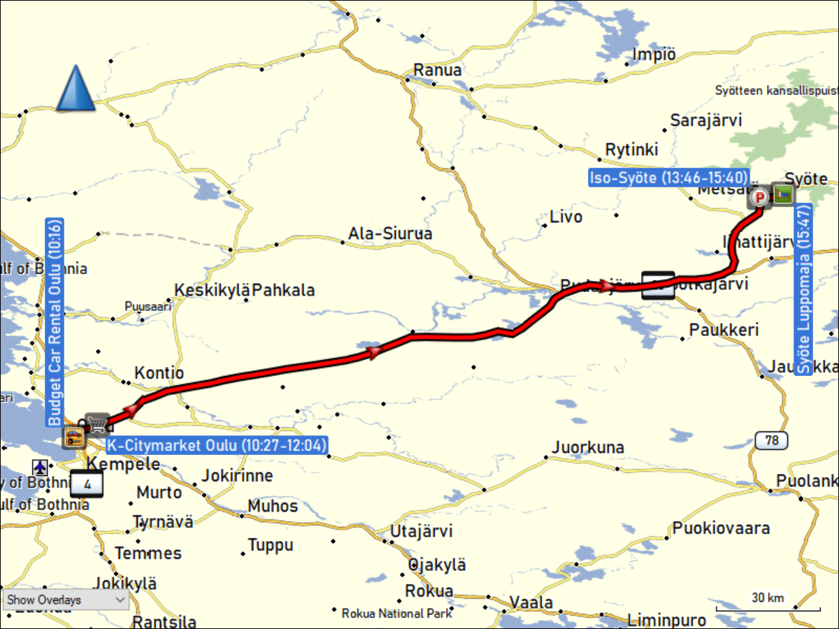 wegstrecke der fahrt von oulu via iso-syoete zur unterkunft syoete luppomaja in pikku-syoete