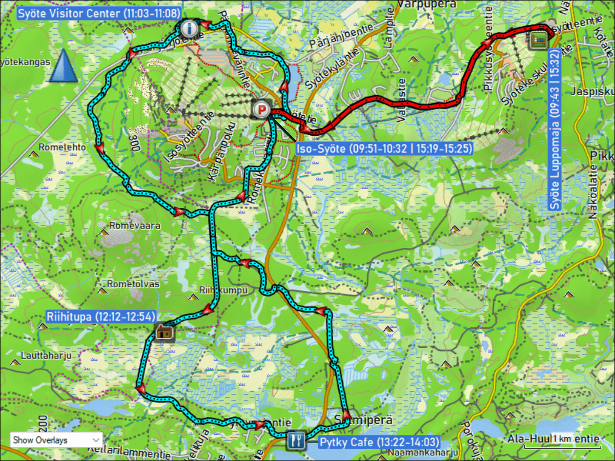 wegstrecke der fahrt von unserer unterkunft syoete luppomaja in pikku-syoete zum parkplatz beim ski center iso-syoete und zurueck sowie wegstrecke langlaufen ueber die loipen iso-syoetteen ympaeryslatu und pytkyn latu bei iso-syoete