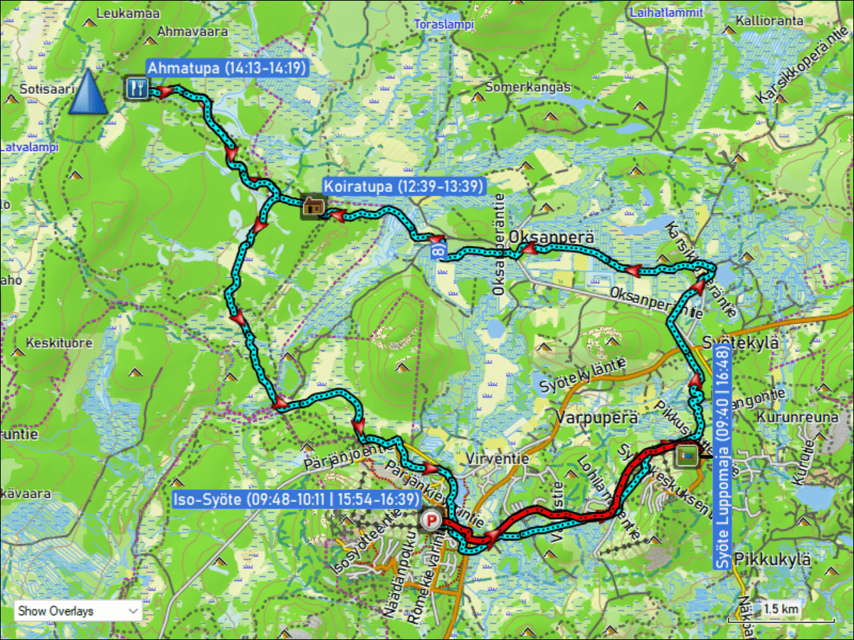 wegstrecke der fahrt von unserer unterkunft syoete luppomaja in pikku-syoete zum parkplatz beim ski center iso-syoete und zurueck sowie wegstrecke langlaufen ueber die loipen iso-syoete - pikku-syoete & pikku-syoete - koiratupa & ahmatuvan latu (teilstueck) & valaistu latu (teilstueck)