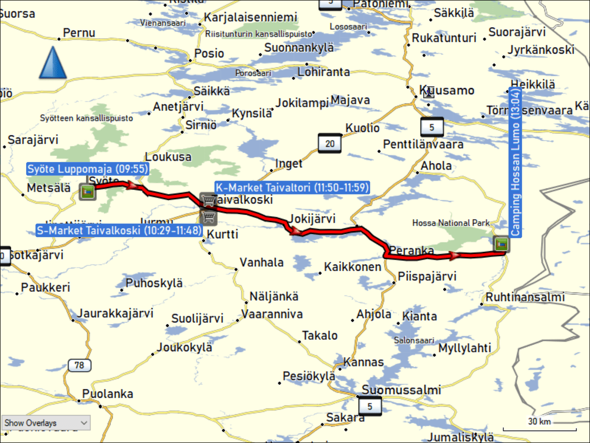 wegstrecke der fahrt vom syoete luppomaja in pikku-syoete zum camping hossan lumo