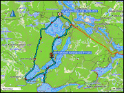 karte der fahrt vom camping hossan lumo zum parkplatz hirvastupa im hossa nationalpark und zurueck sowie karte und hoehenprofil langlaufen ueber die loipe talvipyoeraeilyreitti (teilstueck) im hossa nationalpark