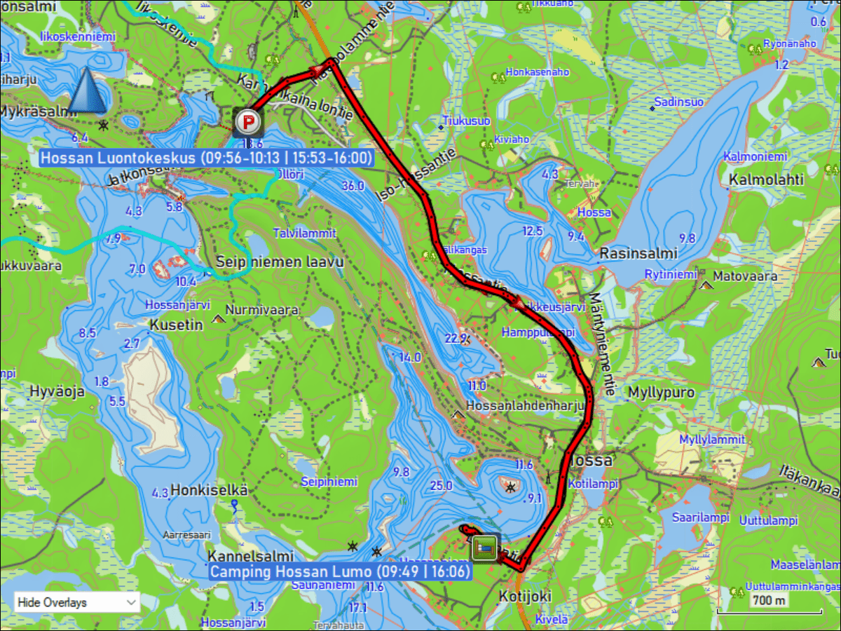 wegstrecke der fahrt vom camping hossan lumo zum parkplatz beim besucherzentrum des hossa nationalpark und zurueck