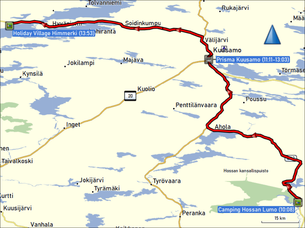 wegstrecke der fahrt vom camping hossan lumo via prisma kuusamo zum holiday village himmerki bei posio