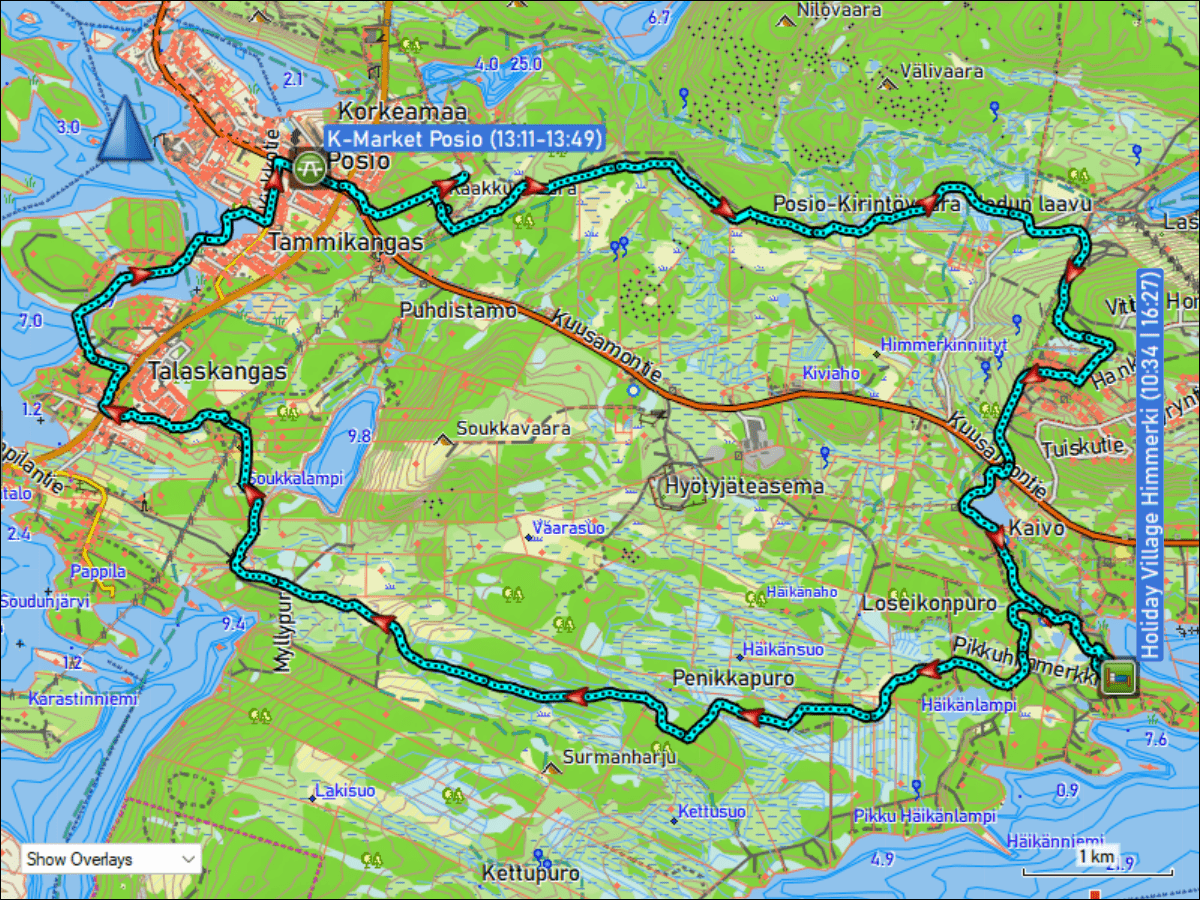 wegstrecke langlaufen ueber die loipen turjanvaaran aurinkolatu (teilstueck) & posionjaerven aurinkolatu (teilstueck) & pentik-maeki - kirintoevaara latu & kirintoevaaran ladut (teilstueck) & kirintoevaara - himmerki yhdyslatu bei posio